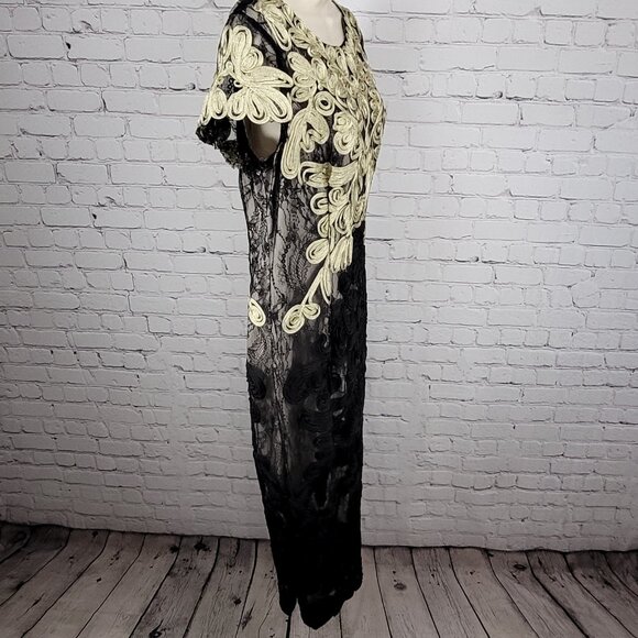 JS Collections Black Gold Overlay Lace Short Sleeve Lined Long Formal Dress 12 - Picture 13 of 14